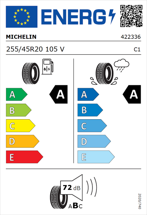 Tyre Label for Michelin Primacy 4 255/45R20 105V