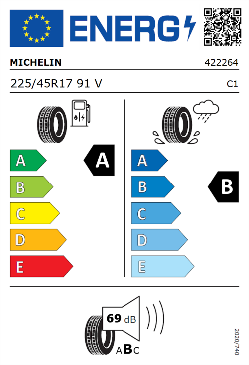 Tyre Label for Michelin e.primacy 225/45R17 91V