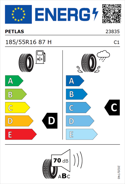 Tyre Label for Petlas Velox Sport PT741 185/55R16 87H