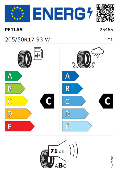 Tyre Label for Petlas Velox Sport PT741 205/50R17 93W