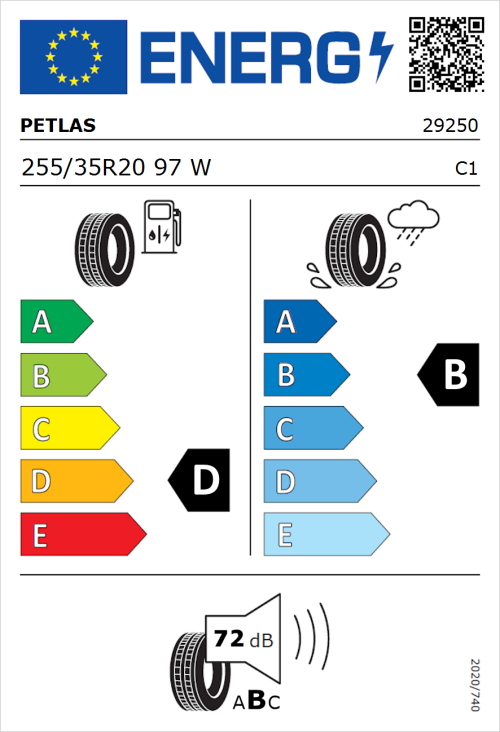 Tyre Label for Petlas Velox Sport PT741 255/35R20 97W