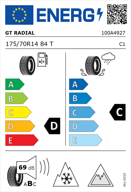 Tyre Label for GT Radial WinterPro 2 evo 175/70R14 84T