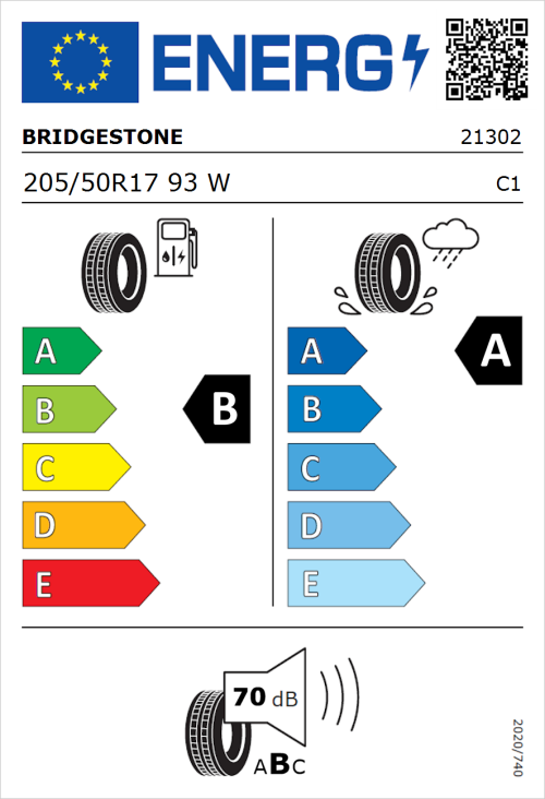 Tyre Label for Bridgestone Turanza 6 205/50R17 93W