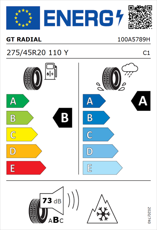 Tyre Label for GT Radial Climate Active 275/45R20 110Y