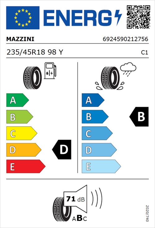 Tyre Label for Mazzini Eco 607 235/45R18 98Y
